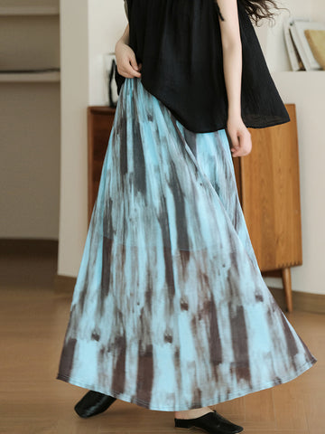 Women Summer Vintage Ink-print Pleat Skirt
