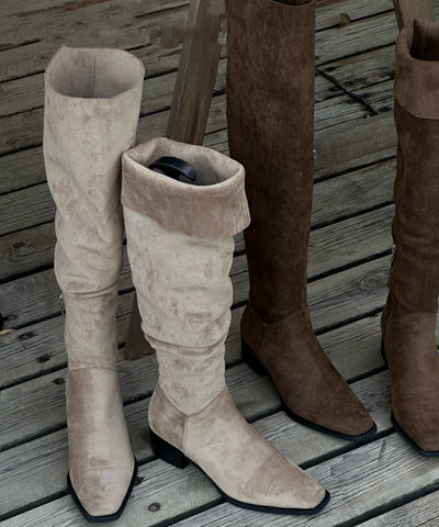 Chic Zippered Splicing Chunky Boots Beige Suede