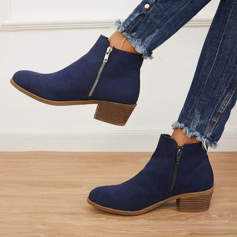 Chunky Block Heel Ankle Boots Side Zipper Booties