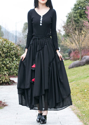 Fine Black Wrinkled Asymmetrical Patchwork Chiffon Skirts Summer