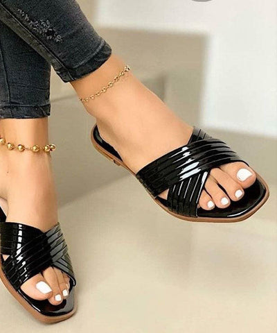 0508Chic Rose Gold Splicing Faux Leather Plus Size Slide Sandals