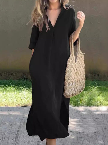Full Size Notched Half Sleeve Midi Resort Dress