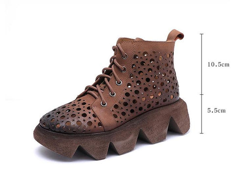 Leather Retro Lace-Up Thick-Soled Ethnic Hollow Boots