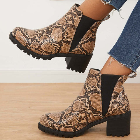 Faux Leather Chelsea Lug Boots Slip-On Chunky Heel Ankle Booties