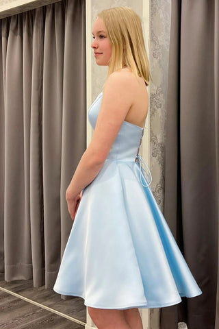 Simple A Line Spaghetti Straps Blue Short Homecoming Dress