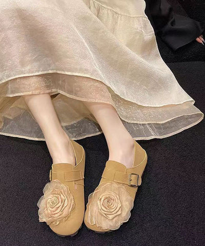 Khakifarbene, weiche flache Schuhe aus Kunstleder mit Blumenmuster für Damen