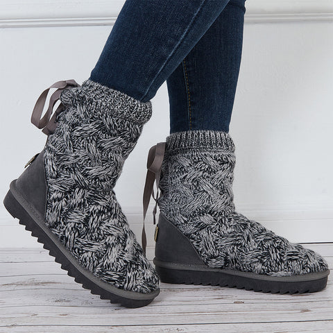 Knit Splicing Warm Ankle Boots Lace Up Winter Short Booties