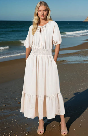 Tie Neck Puff Sleeve Beach Resort Maxi Dress