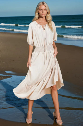 Tie Neck Puff Sleeve Beach Resort Maxi Dress