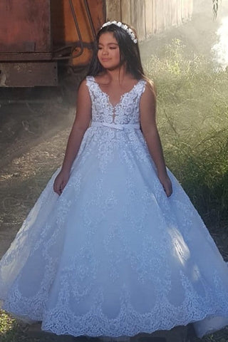 Wunderschönes langes A-Linien-Kleid mit V-Ausschnitt, Spaghettiträgern, Applikationen und Spitze für Blumenmädchen