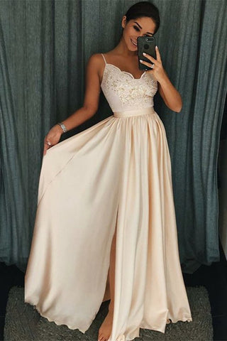 Beautiful Spaghetti-Straps Lace Appliques Prom Dress Long With Split