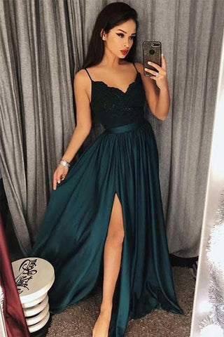 Beautiful Spaghetti-Straps Lace Appliques Prom Dress Long With Split