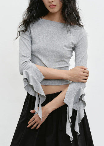 Fitted Black O Neck Ruffled Cotton Tops Bracelet Sleeve