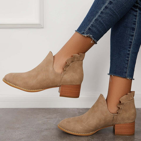 V-Cut Ruffle Ankle Boots Slip on Chunky Stacked Heel Booties