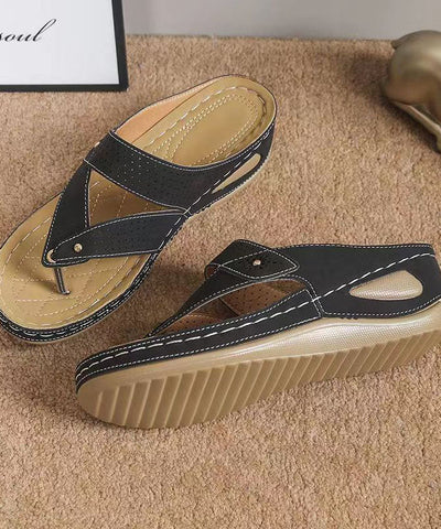 0508Unique Black Plus Size Splicing Wedge Thong Sandals Faux Leather