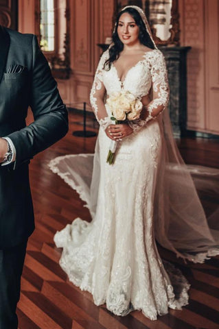 V-Neck Long Sleeves Mermaid Wedding Dress Lace Online