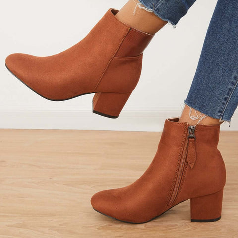 Chunky Block Mid Heel Ankle Boots Side Zipper Booties