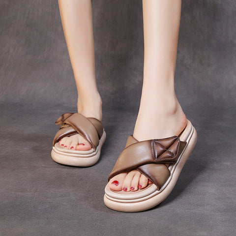 Sheepskin Leather Women 2022 Velcro Tape Flat Slippers