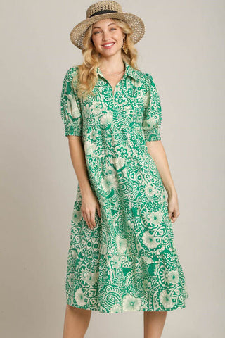 Full Size Cuff Puff Sleeve Midi Resort Dress