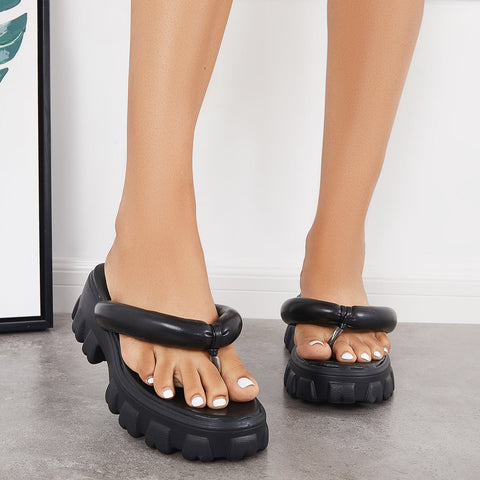 Gepolsterte Plateau-Flip-Flops mit dicken Riemen, Sandalen, Strandpantoffeln