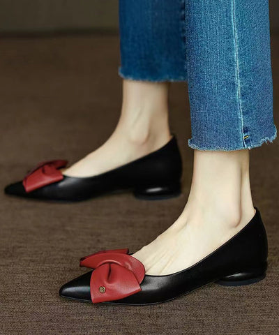 Schwarze flache Füße Schuhe Rindsleder Leder Mode spitze Zehe Schleife