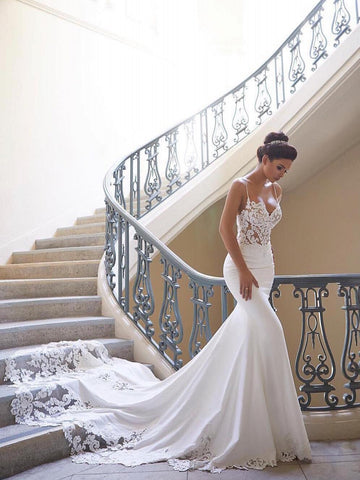 Bmbridal Spaghetti-Straps Lace Wedding Dress Mermaid Sleeveless