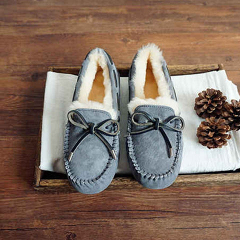 Cozy Slip On Bow-Knot Thick Wool Pea Lazy Winter Shoes