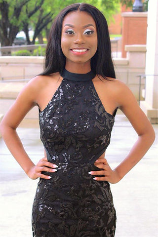 Black Halter Sleeveless Applique Tulle Mermaid Formal Dresses