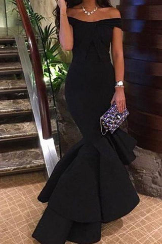 Black Off-the-Shoulder Mermaid Hi-Lo Tiered Formal Dresses