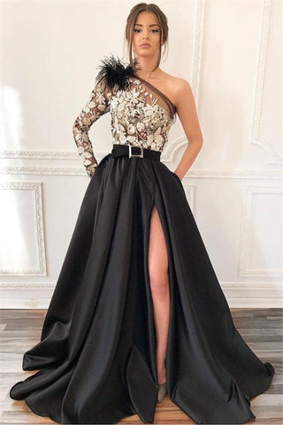Black One Shoulder Side Split Feather Applique Formal Dresses