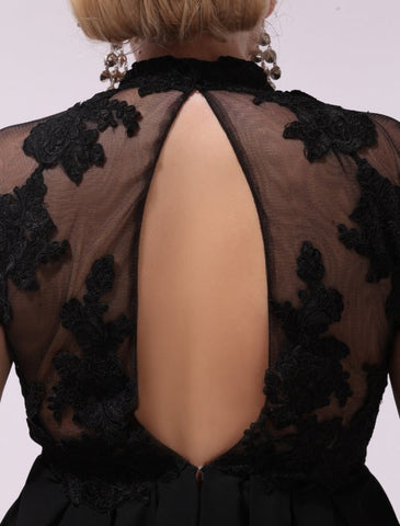 Black Prom Dresses Plus Size Evening Dress Chiffon Lace Applique Illusion Short Sleeves Floor Length Wedding Guest Dress Exclusive