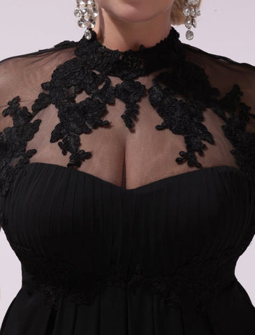 Black Prom Dresses Plus Size Evening Dress Chiffon Lace Applique Illusion Short Sleeves Floor Length Wedding Guest Dress Exclusive