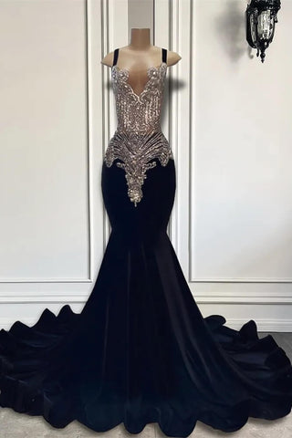 Black Sleeveless Square Mermaid Prom Dresses with Crystal Beadings