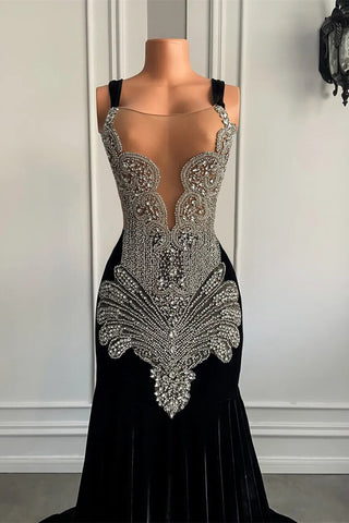 Black Sleeveless Square Mermaid Prom Dresses with Crystal Beadings
