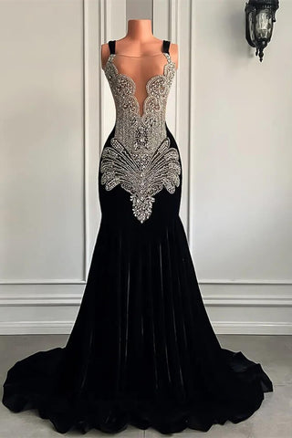 Black Sleeveless Square Mermaid Prom Dresses with Crystal Beadings