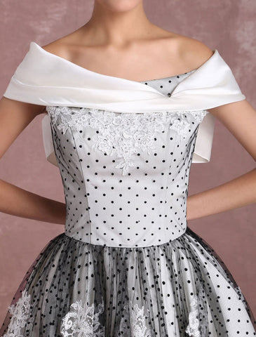 Black Wedding Dresses Vintage Short Bridal Gown Lace Off The Shoulder Polka Dot Print Bridal Dress With Bow At Back Exclusive