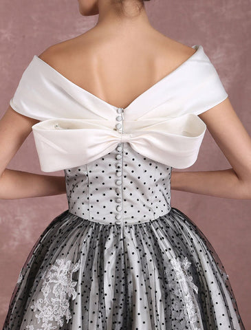 Black Wedding Dresses Vintage Short Bridal Gown Lace Off The Shoulder Polka Dot Print Bridal Dress With Bow At Back Exclusive