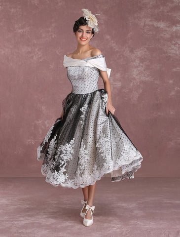 Black Wedding Dresses Vintage Short Bridal Gown Lace Off The Shoulder Polka Dot Print Bridal Dress With Bow At Back Exclusive