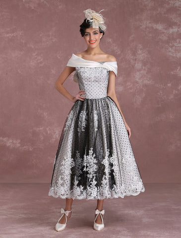 Black Wedding Dresses Vintage Short Bridal Gown Lace Off The Shoulder Polka Dot Print Bridal Dress With Bow At Back Exclusive