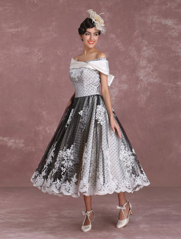 Black Wedding Dresses Vintage Short Bridal Gown Lace Off The Shoulder Polka Dot Print Bridal Dress With Bow At Back Exclusive