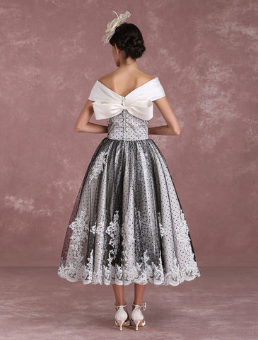 Black Wedding Dresses Vintage Short Bridal Gown Lace Off The Shoulder Polka Dot Print Bridal Dress With Bow At Back Exclusive