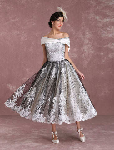 Black Wedding Dresses Vintage Short Bridal Gown Lace Off The Shoulder Polka Dot Print Bridal Dress With Bow At Back Exclusive