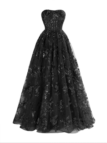 A-Linien-Ballkleid mit trägerlosem, plissiertem, langem Schnitt und Applikation