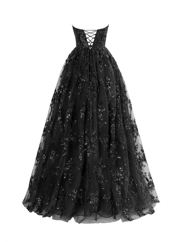 A-Linien-Ballkleid mit trägerlosem, plissiertem, langem Schnitt und Applikation