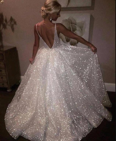Bling Open Back Sleeveless Prom Dresses A-Line Shiny Evening Gowns
