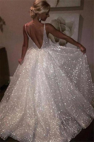 Bling Open Back Sleeveless Prom Dresses A-Line Shiny Evening Gowns