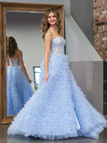 Sky Blue A-Line Tiered Sequins Tulle Long Prom Dress