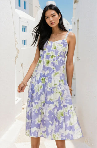Blue Floral Adjustable Strap Summer Midi Dress