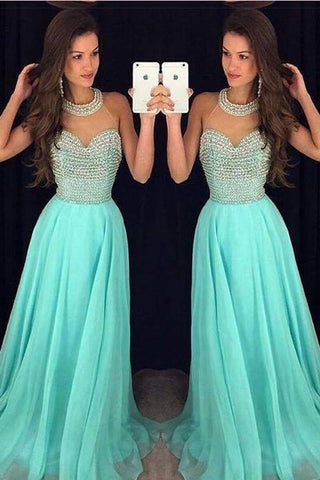 Chiffon Fashion O Neck Long Prom Dresses with Beading, Party Dresses