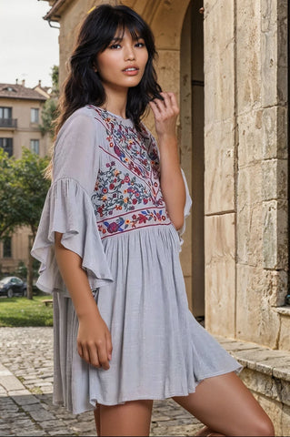 Full Size Floral Embroidered 3/4 Bell Sleeve Boho Dress